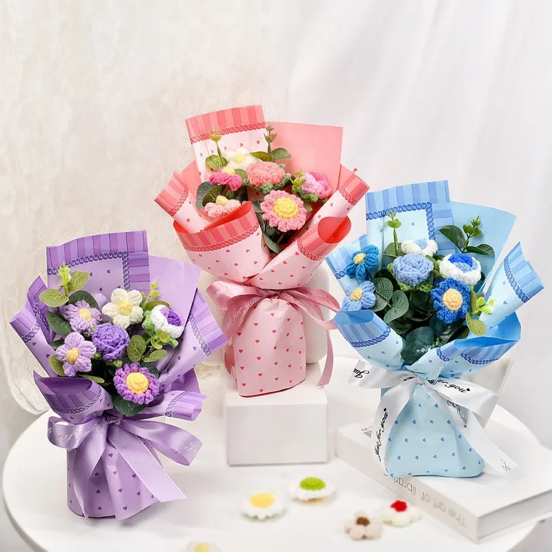 Puffs Roses Small Daisies Simulated Hand Knitted Simulated Flower Bouquets Finished Fake Flower Decorations For Home decor