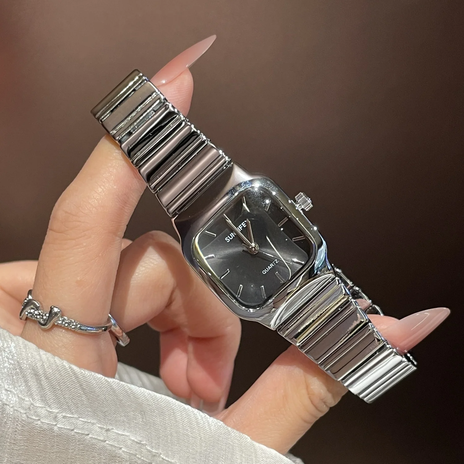 SUNLIFEX, pulsera de acero inoxidable, relojes para mujer, esfera cuadrada, relojes de pulsera de cuarzo para mujer, reloj de vestir de marca superior a la moda para mujer