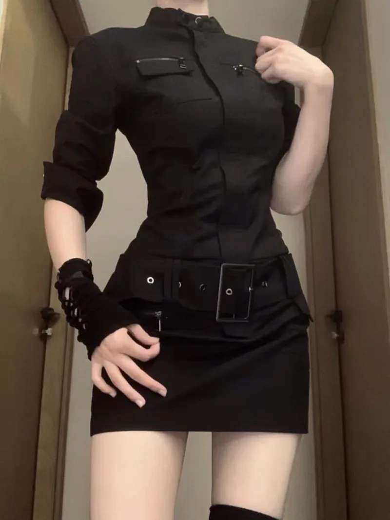 Autumn Vintage Cargo Clothing Black Slim Y2k Mini Dress Short Party Elegant Bodycon One Piece Korean Fashion