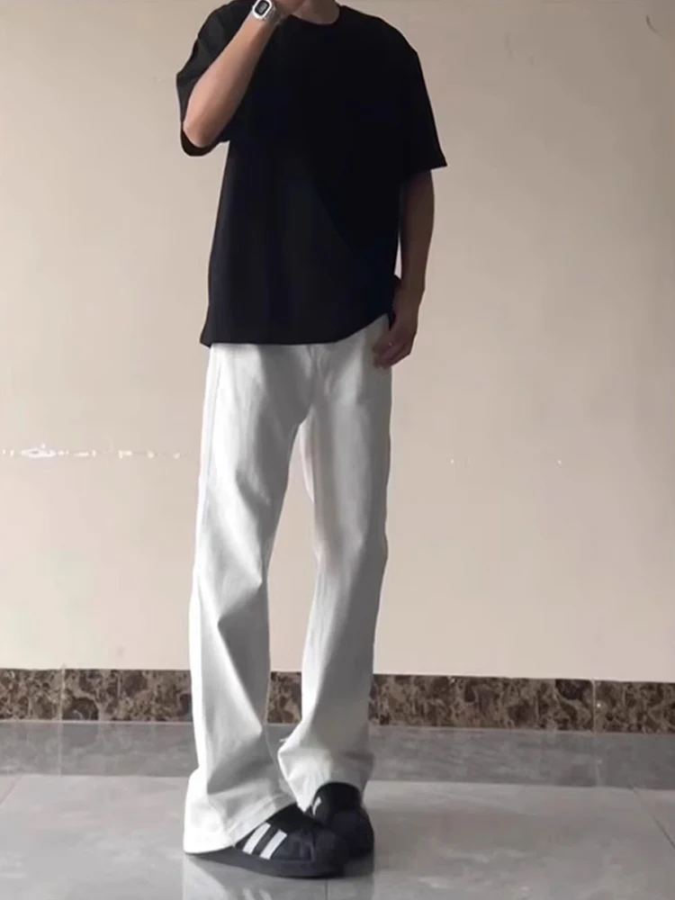 

Teenage Extended Length Straight Leg Jeans Men's Tall Spring Autumn White Denim American High Street Vibe Wear Polyester Cotton