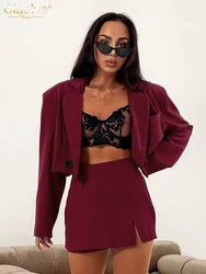 Clacive Fashion Loose Red Office Skirt Sets For Women 2 Pieces Elegant Long Sleeve Shirt With High Waist Mini Skirt Set Female