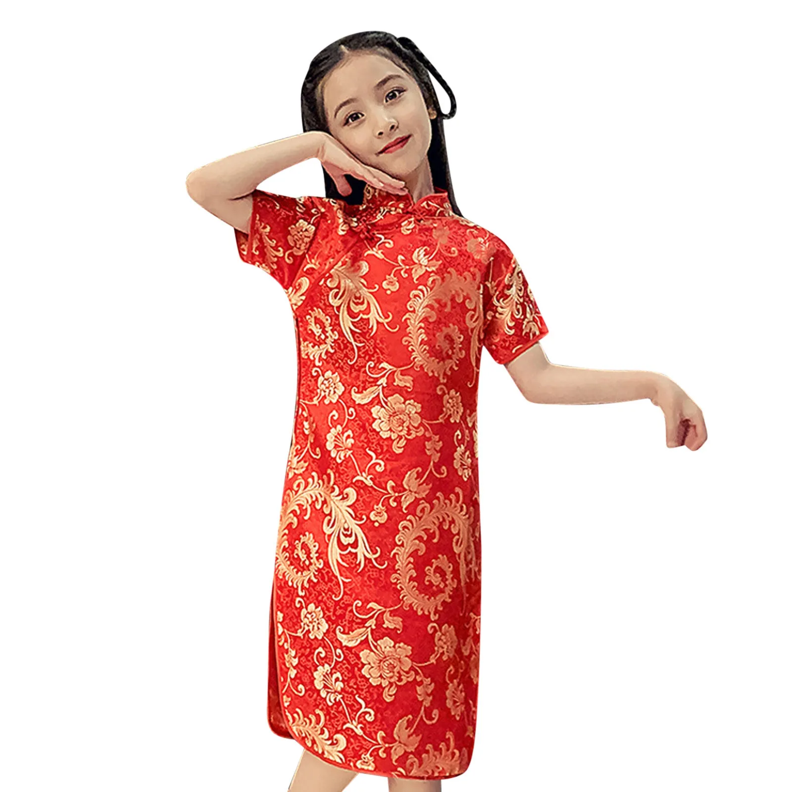 Short Sleeves Stand Collar Children Girls Cheongsam Dress Vintage Chinese Style New Year Children Qipao Dress Princess Costume