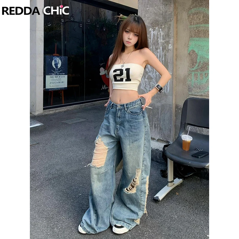 

ReddaChic Women Cropped Tube Top Pant Set Knit Sleeveless Vest Wide Leg Destroyed Boyfriend Jeans Retro Hiphop Two Piece Outfits