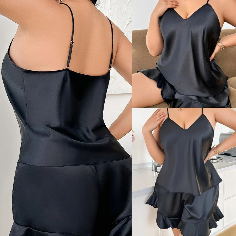 

Комплект для сна из 2 предметов для женщин больших размеров: топ на бретельках и шорты, летняя атласная пижама, интимное белье, ночная одежда с V-образным вырезом