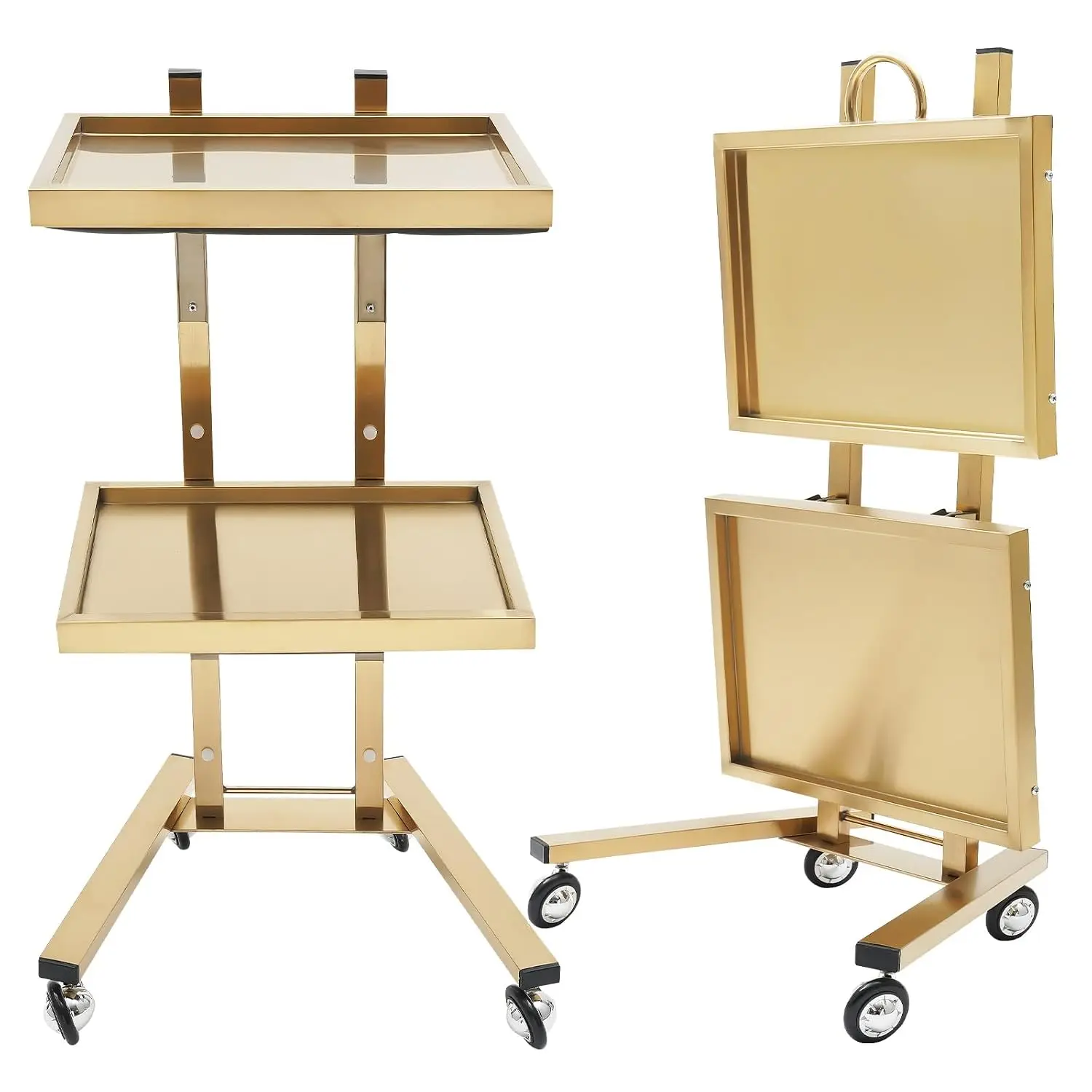 Two Tier Metal Rolling Cart Foldable Utility Trolley Salon Tray Wheels Folding Stainless Steel Tattoo Spa Studios 11lbs Load Bea
