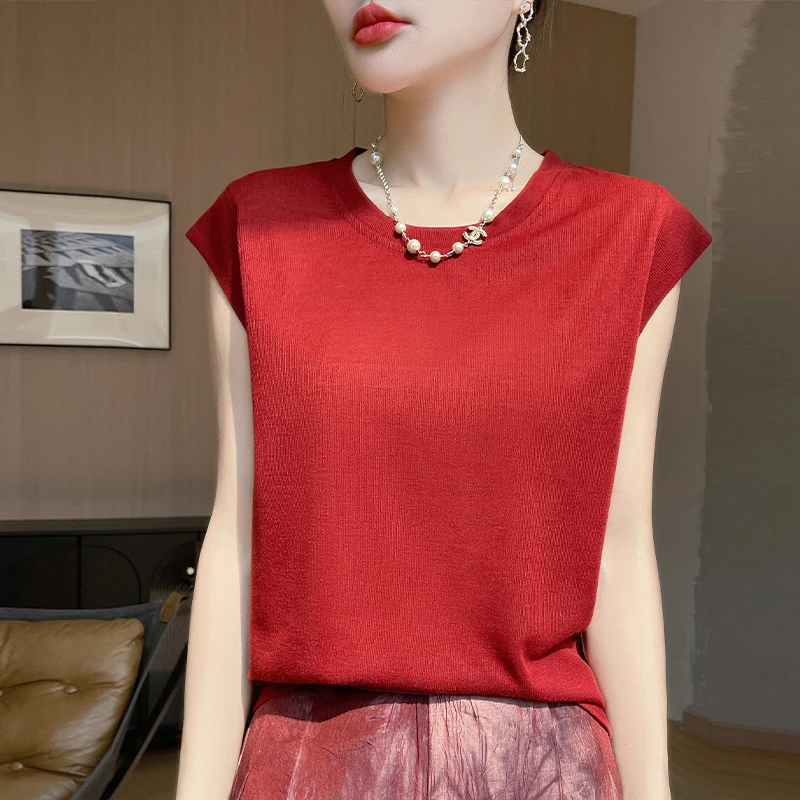 Women's Summer Ice Silk Sleeveless Knit Top, Thin Breathable Loose Fit Casual T‑Shirt