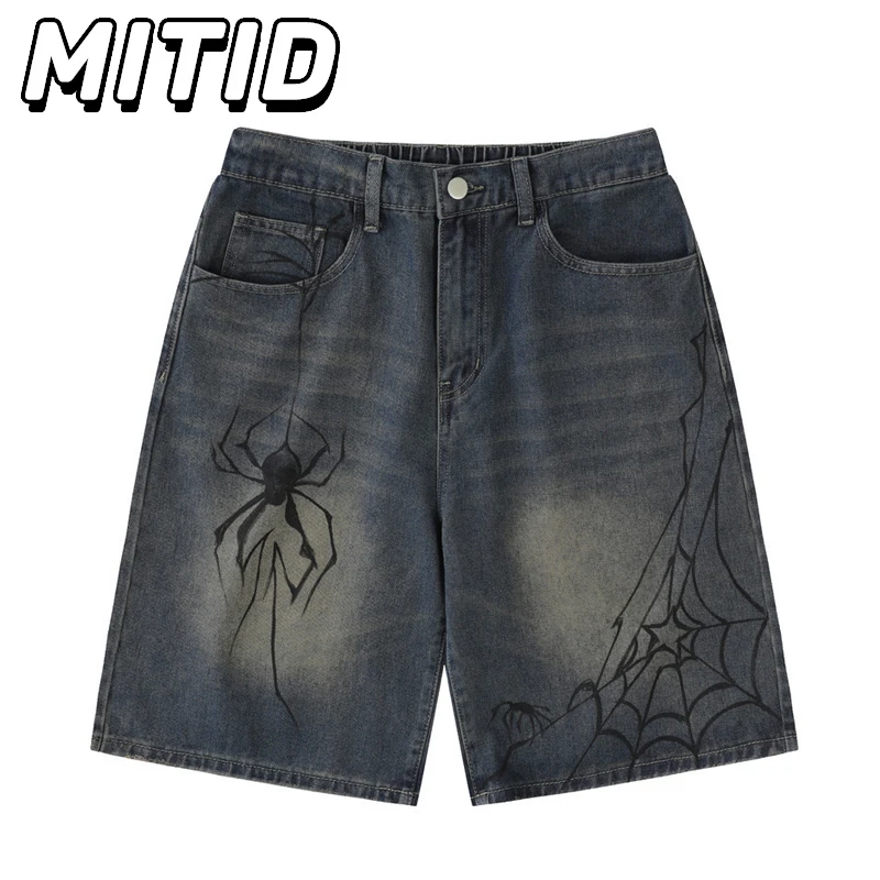 

Летние джинсовые шорты для мужчин в стиле ретро с эластичной резинкой на талии и принтом паука, синие джинсы, мужские повседневные прямые короткие мужские шорты в стиле хип-хоп