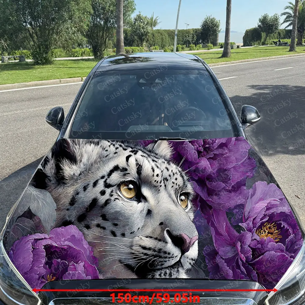 Enchanting Purple Rose Snow Leopard Car Hood Stickers - Self-Adhesive, Waterproof and Durable Vinyl Wrap, Decorate And Protect Y