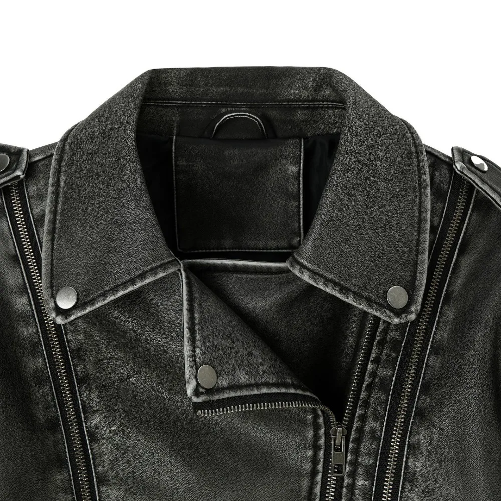 2025 Coal Graysty Le Women's Washed Leather Jacket with Belt, Short Coat with Downgraded Zipper and Vintage Lapel Jacket