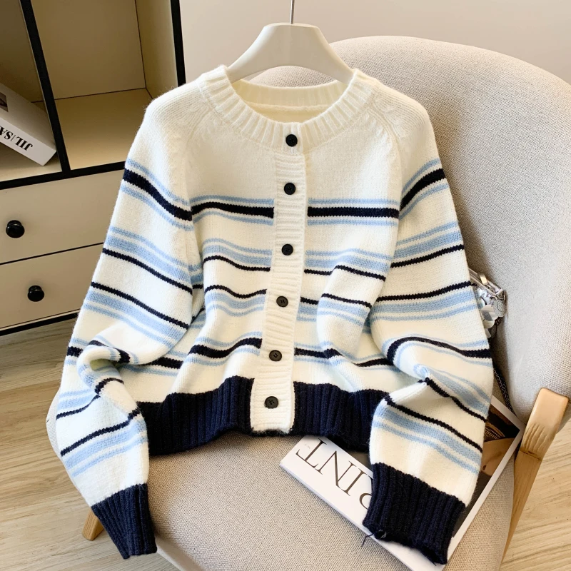 

RAIN YAN LIN HIgh Quality Fashion Striped Preppy Style Knitted Cardigan Women Spring Autumn New O-Neck Long Sleeve Loose Sweater