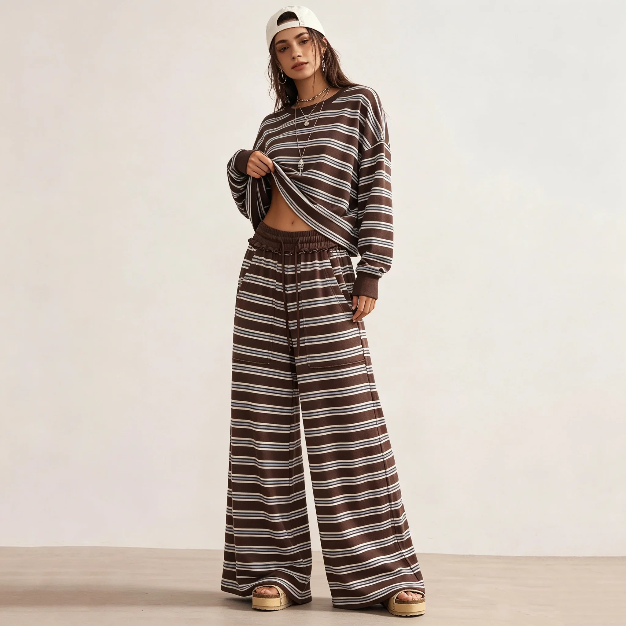 RU Loose Stripe Long Sleeve Sweatshirt Elastic Waist Wide Trousers Matching Set Suitable For Casual Commute Streetwear