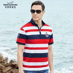 2024 Straight Men's Red Short Polos Fashion Stand-up Collar Bruce&Shark Summer Casual Striped T-shirt Loose Breathable Men's Tee