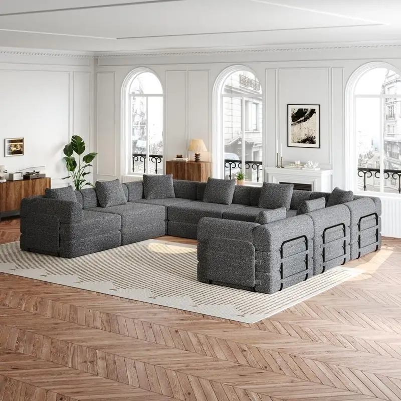 أريكة سرير شانيل قابلة للتحويل مكونة من 8 مقاعد مع جيوب تخزين جانبية، تصميم قابل للطي لغرفة المعيشة وغرفة النوم والدراسة، سجادة