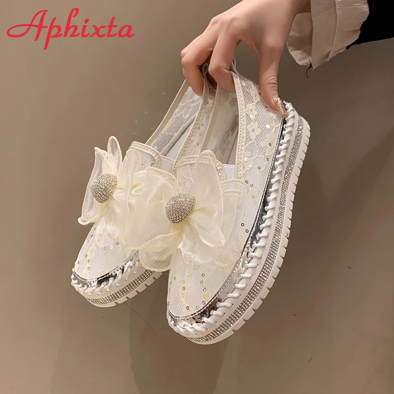 Aphixta 2023 Summer Air Mesh Luxury Crystals Bowknot Flats Platform Shoes Loafers Couple Woman Colorful Cool Shoes Plus Size 44