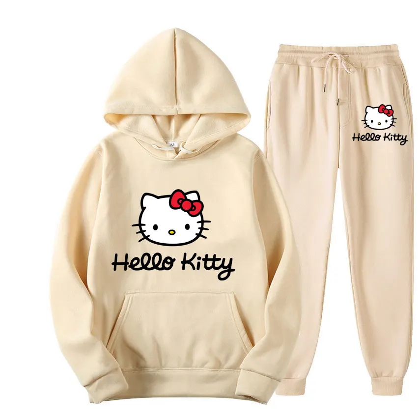 Hello Kitty Cartoon Anime Women Sweatshirt Sweatpants Set Fashion Men Pullover Pants Suit Spring Autumn Couple Hoodie Pant Sets