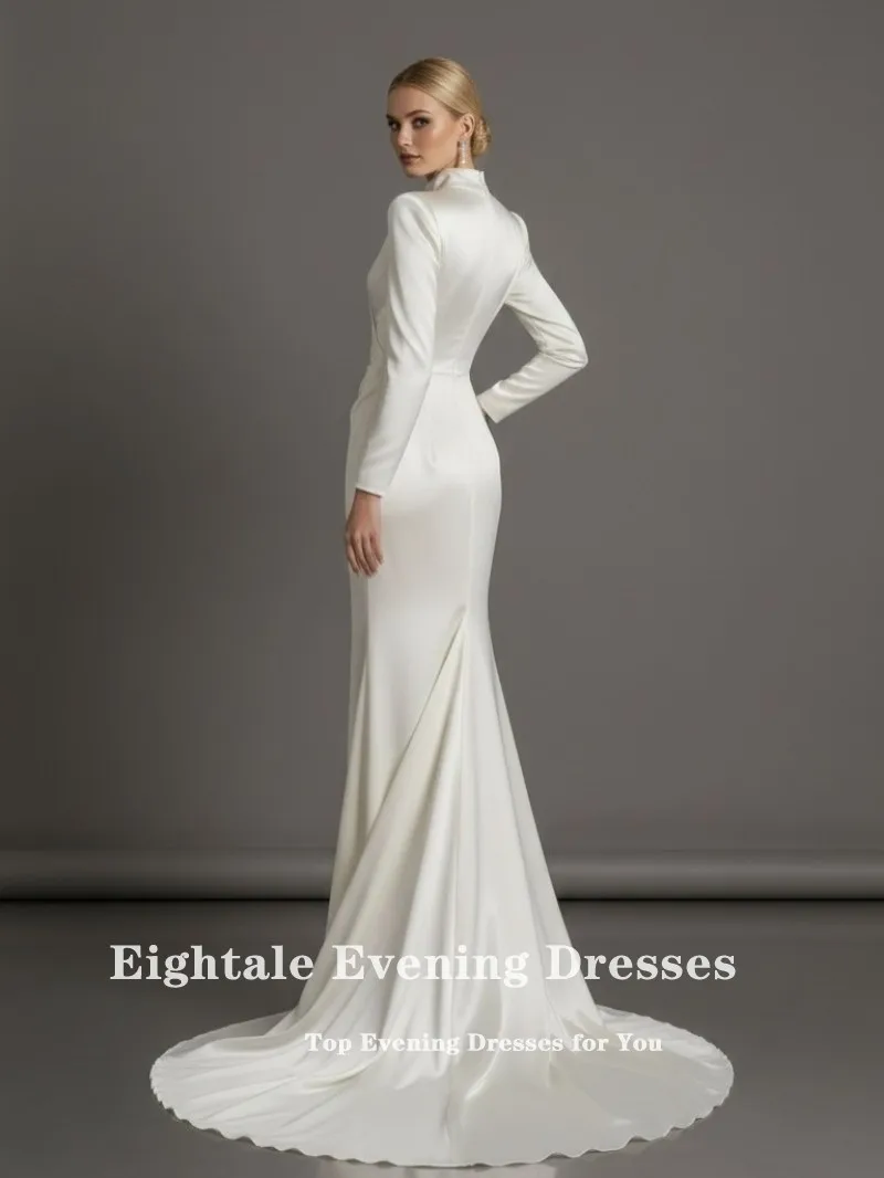 فستان زفاف عربي Eightale مخصص عاجي برقبة عالية من الساتان فستان زفاف مسلم بطول الأرض وأكمام طويلة فستان حفلات العروس