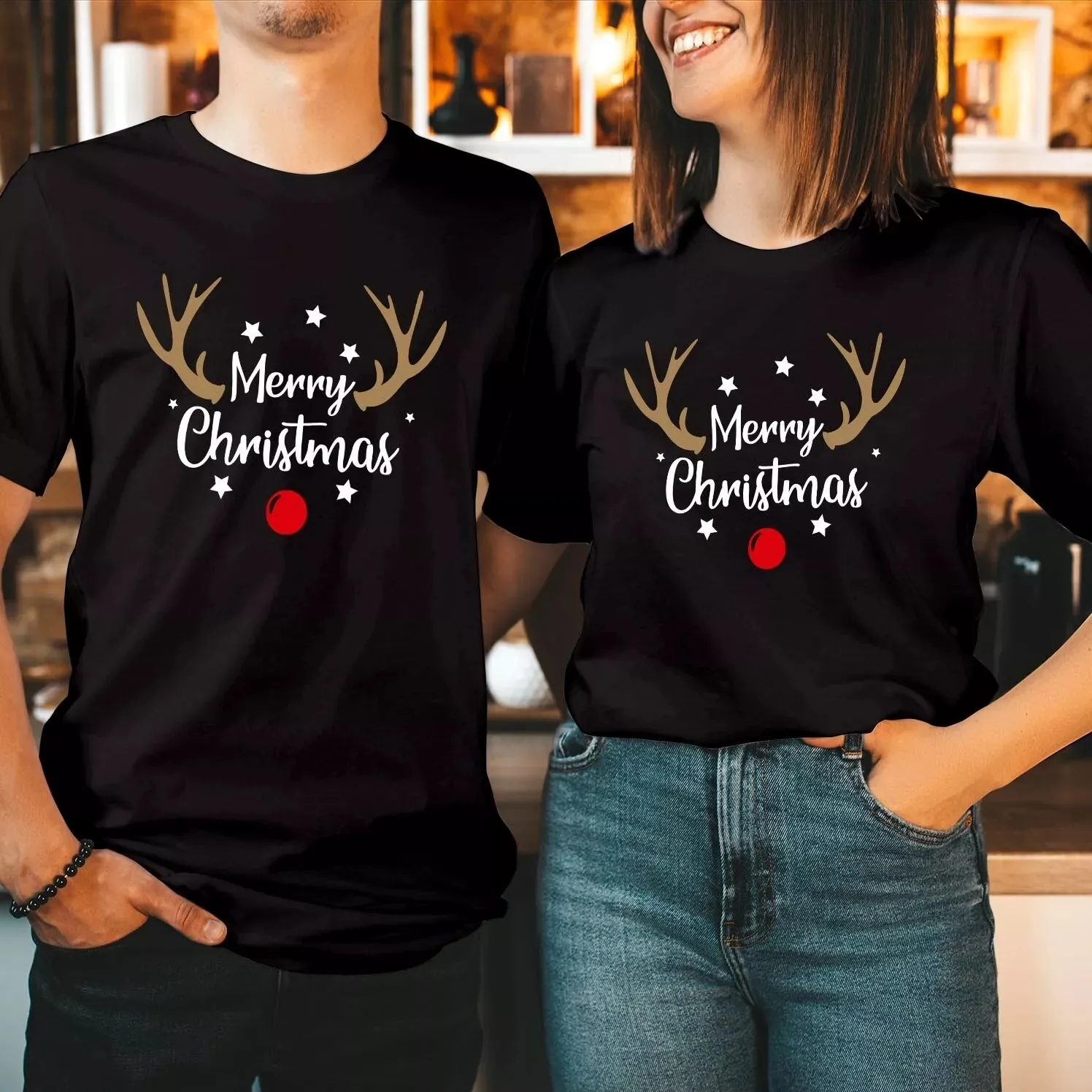 

MERRY Christmas RED Nose Reindeer Shirt Rudolph Stars Xmas Tshirt Light up Christmas season outfits with T-Shirts