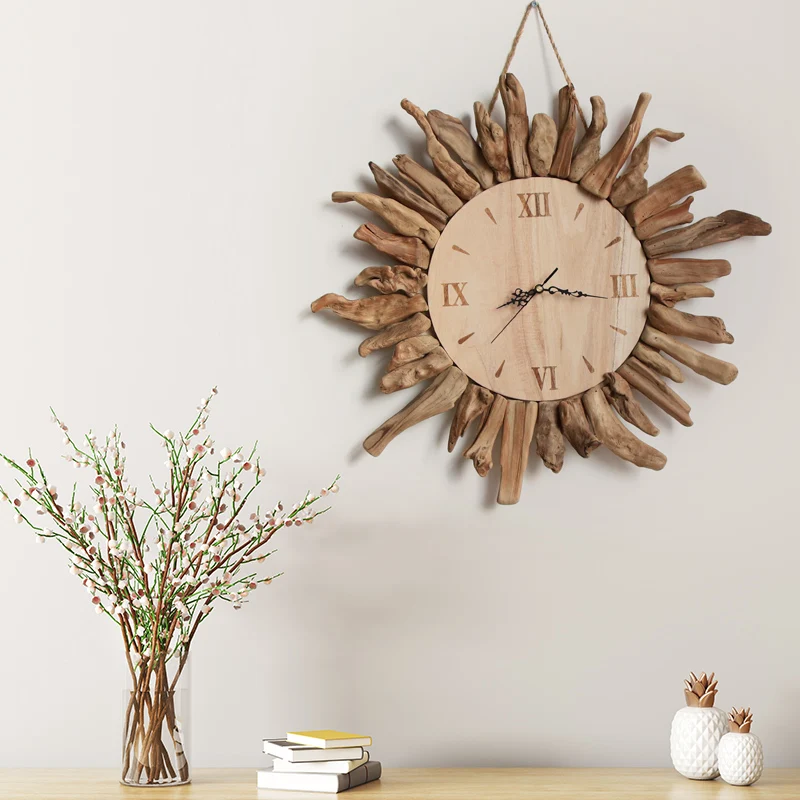 

Pure handmade solid wood silent round clock wall clock B & B living room light luxury decoration