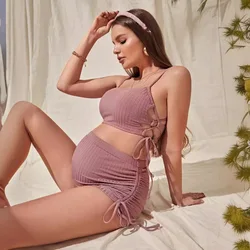 Hot Selling Pregnant Women's Side Drawstring Bikini Swimsuit Beach Maternity Wear in Europe and America Pregnancy Swimwear