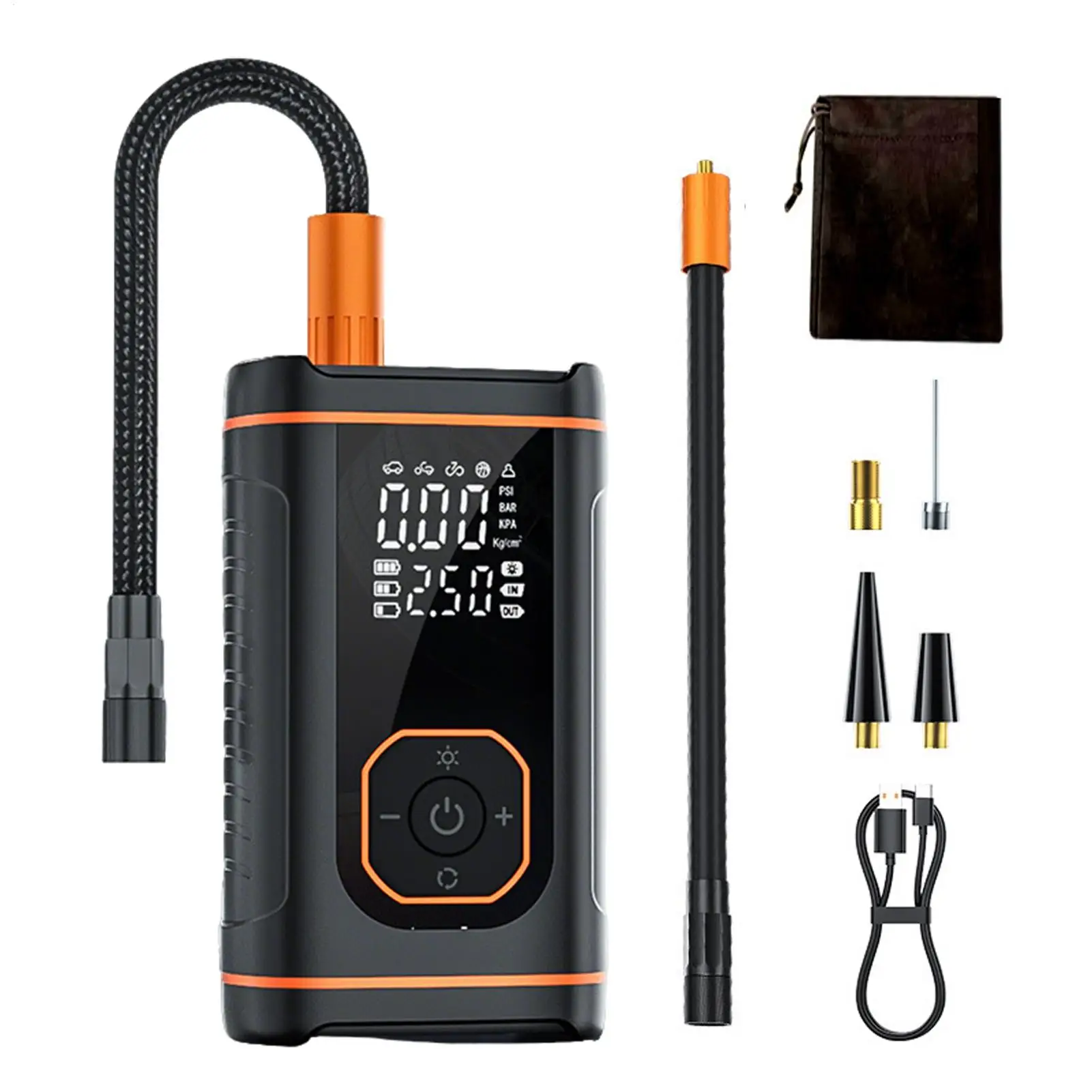 

Портативный насос для накачивания шин с цифровым дисплеем, USB-компрессор с функцией подзарядки, подходит для шин автомобилей, велосипедов и мотоциклов.