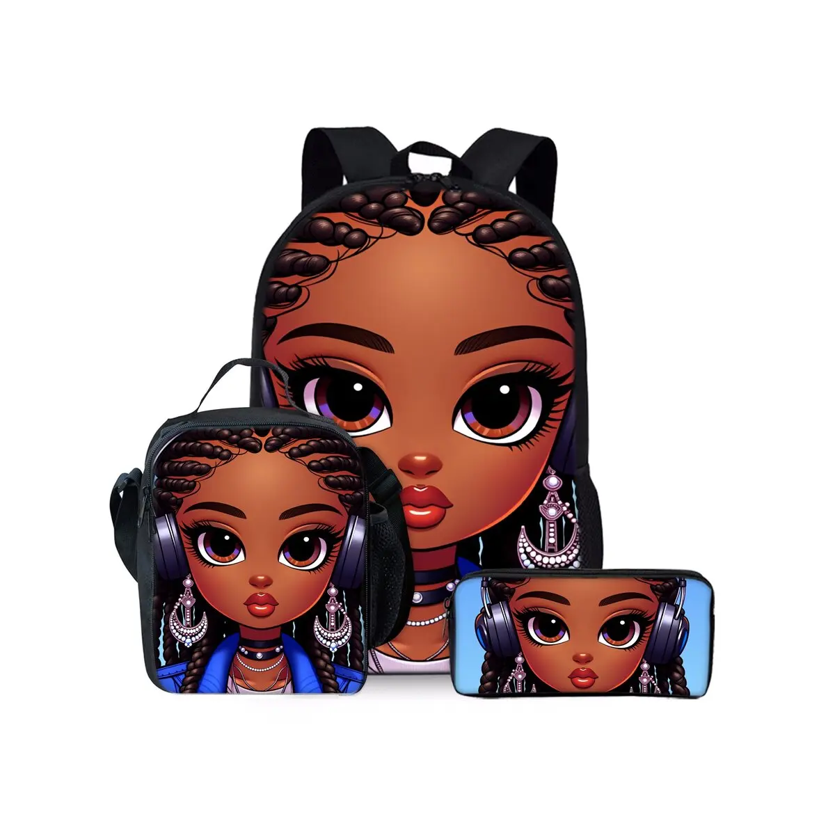 

African Girl Print Three Piece Backpacks Set for Boy and Girls Best Gifts 2D Flat Cartoon School Bag for Children