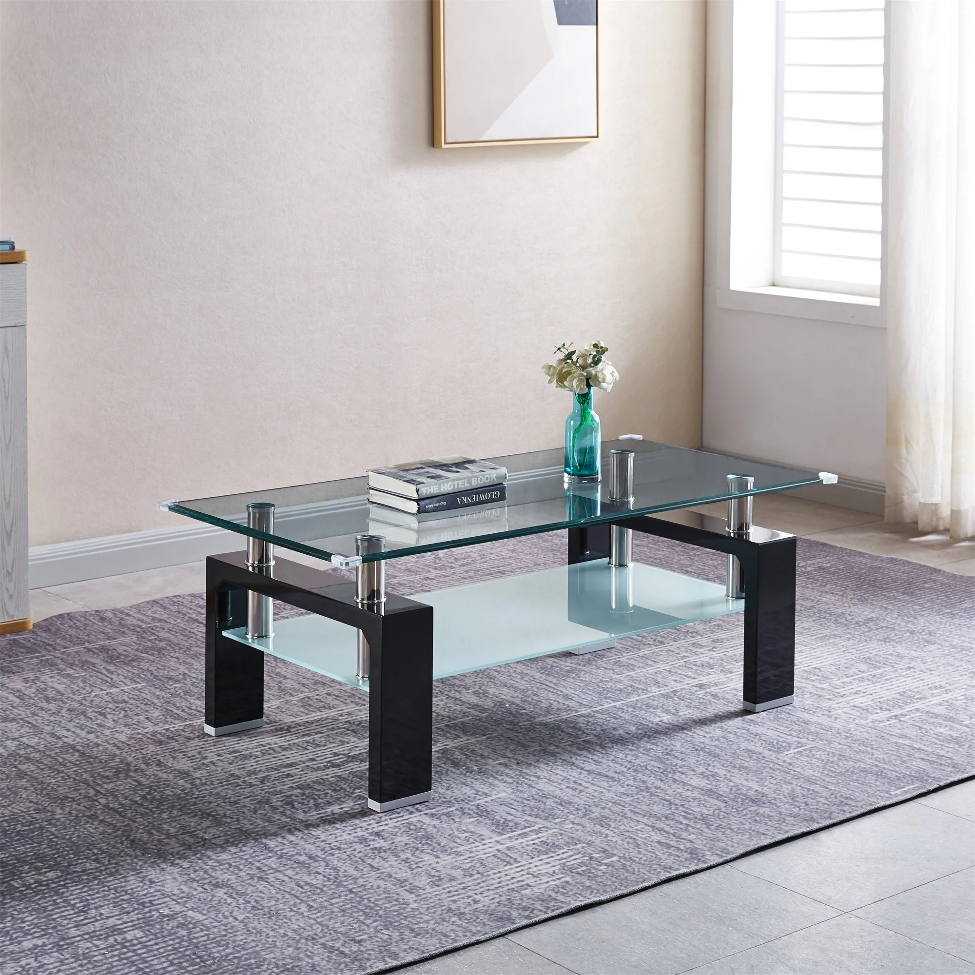 [Flash Sale]Enlarged Version Tempered Glass Top Rectangular Double-Layer Coffee Table with Black/White/Red MDF Legs [US-W]