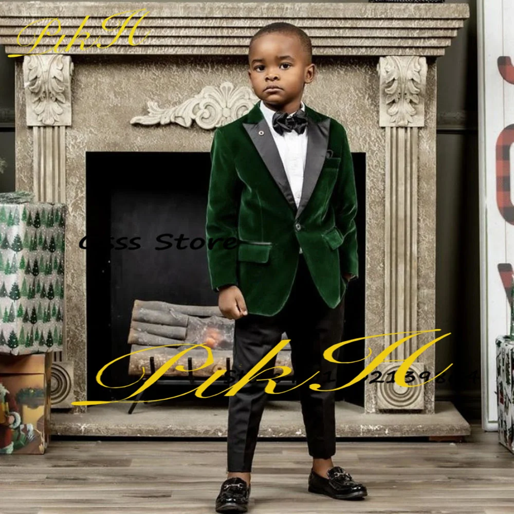 Velvet Boys Suit 2 Piece Kids Blazer Set Wedding Tuxedo Point Lapel Jacket Pants Party Slim Fit Tailored Dress