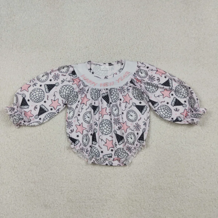 

Little Baby LR2493 Happy New Year Embroidery Pink Stars Print Baby Girls Bubble Romper