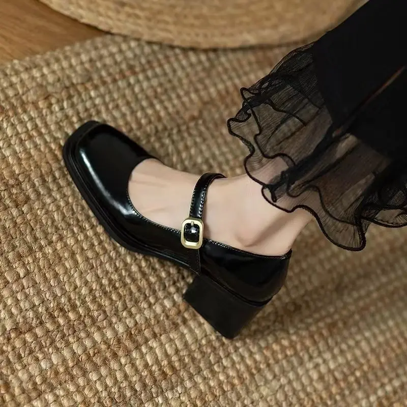 Shoes for Woman 2024 Japanese Style Lolita Women\'s Summer Footwear Square Heels Mary Jane Toe Black Platform High Pumps Gothic E