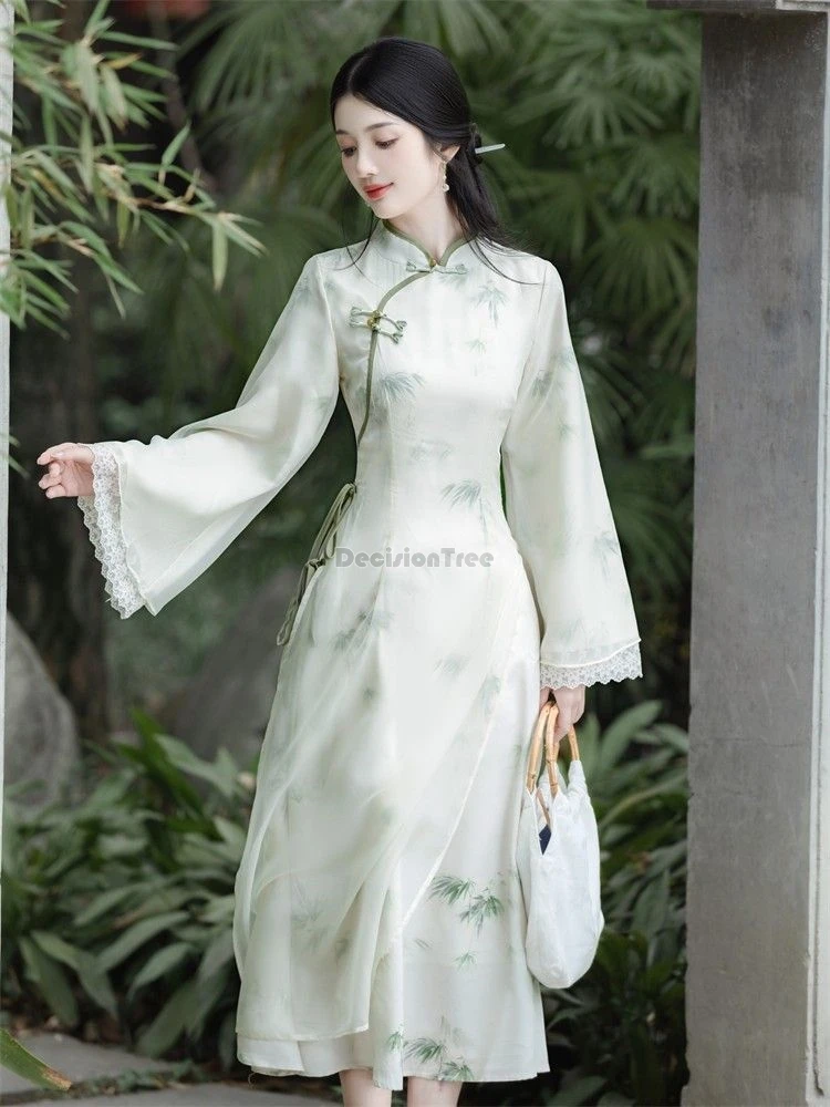 2024 chinese vintage traditional zen tea qipao exquisite bamboo printing chic flounce design qipao dress new daily elegant dress
