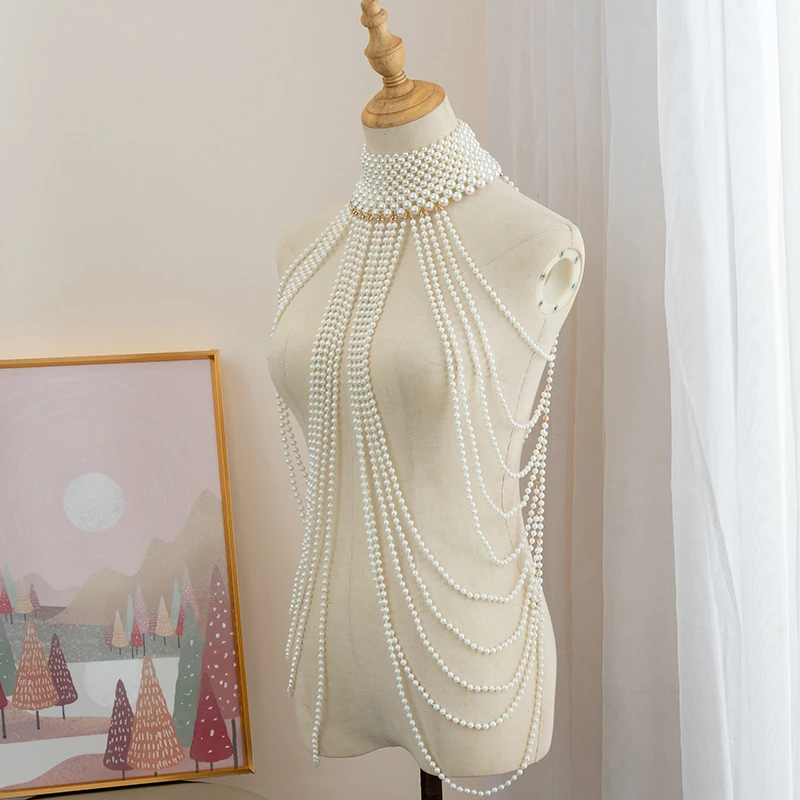 Luxury Pearl Shoulder Chain Sexy Body Chain Multi-layer Necklace Vintage Pearl Chest Chain Necklace Jewelry