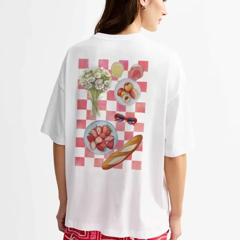 

Женская летняя футболка с принтом на спине в стиле ретро для пикника Y2k, эстетичная футболка Foodie, милые футболки с фруктовым багетом и графическим рисунком, женский топ для отпуска