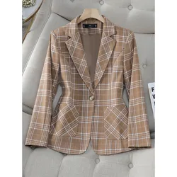 Chaqueta de traje a cuadros para mujer, abrigo Formal de manga larga con bolsillo, color caqui, café y verde