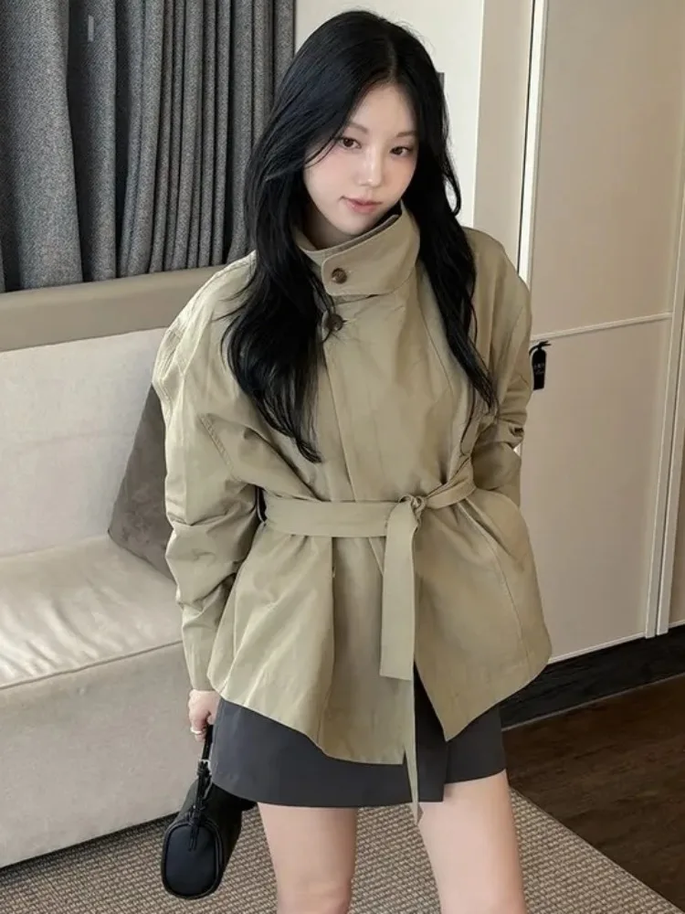 

Slimming Briti Sle Stand Collar Belted Waist Women's Jaet Autumn New Sle ort Coat Upper Body Faion Commute Sle