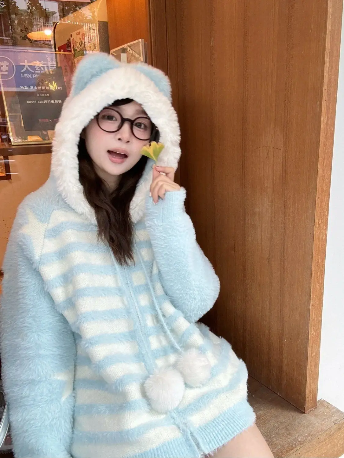 

Striped Hooded Imitation Mink Plush Sweater Cardigan Women Autumn Winter New Niche Wool Ball Design Casual Loose Jacket