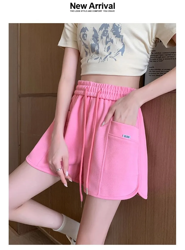 Summer thin loose wide leg A-line high waist slimming casual pink sporty shorts for women