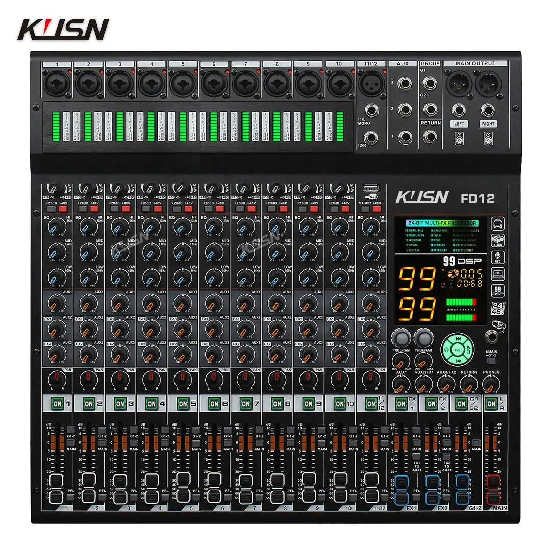 

12 Channel Audio Mixer 2*99 DSP 3 Group Aux Send Digital Professional Console Sound Mixer Console With Bluetooth MP3 USB