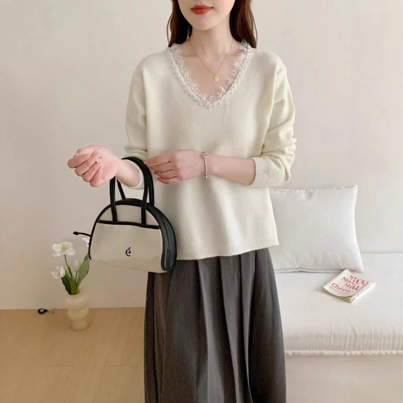 

Женский вязаный свитер с длинными рукавами и кружевом в корейском стиле, расшитый бисером, весенне-осенний сезон, стильный свитер с внутренним слоем