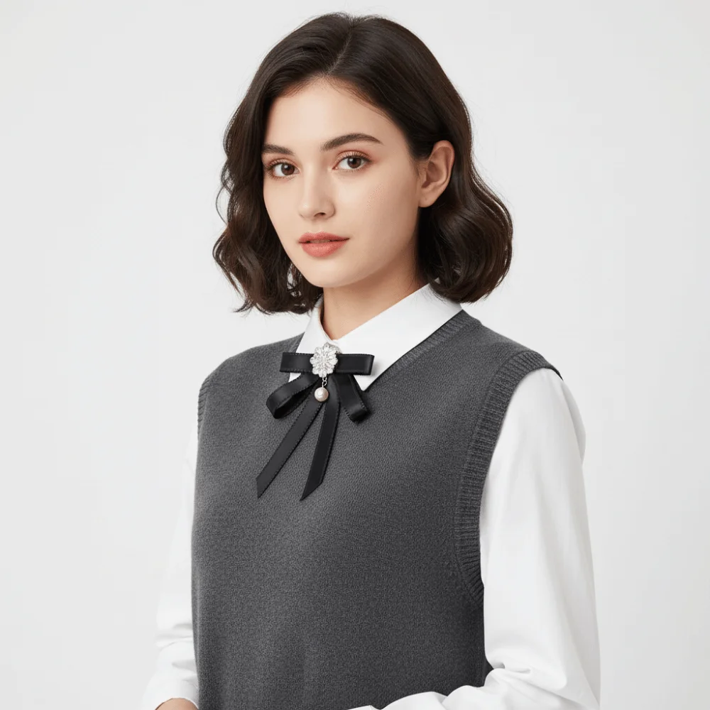 الحلو بلون أسود الشريط دبوس الراين متعدد الطبقات الأسود القوس ربطة العنق اللؤلؤ لوليتا الشريط شارة بروش القمصان