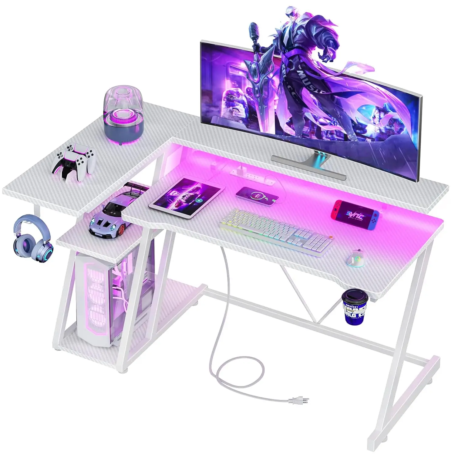 

47" White Gaming Desk Power Outlet LED Lights Corner Computer Desk 3-Tier Storage L-Shape Monitor Stand Bedroom, Customized