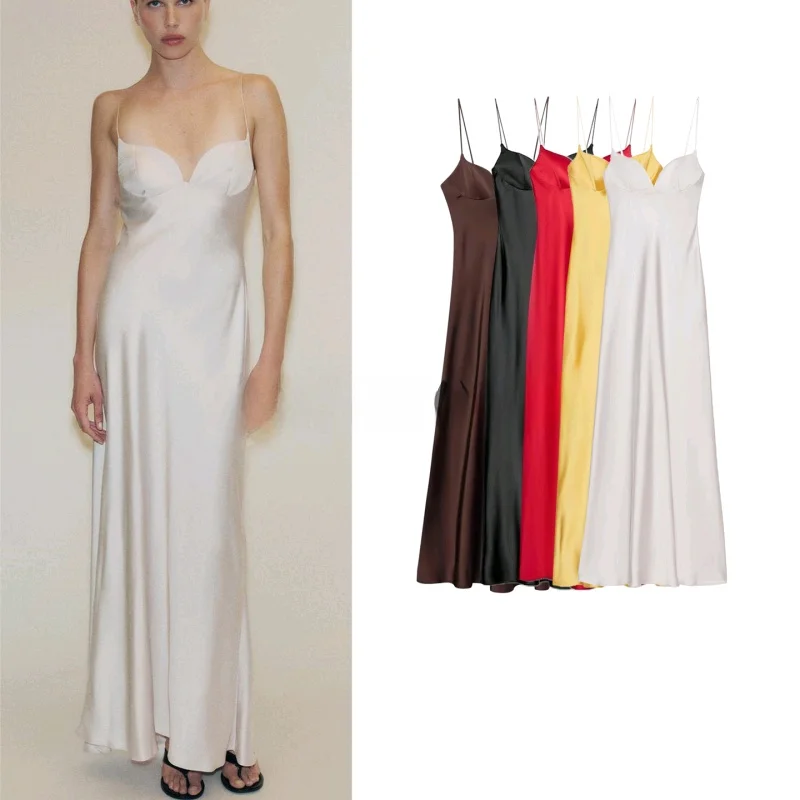 Ele Hohe Taille Seide Satin Lange Dr Sommer Neue Ankunft frauen matte Herz Kragen Svel Kleid Casual Wear