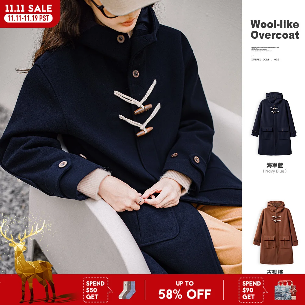 

Винтажное шерстяное пальто Maden в студенческом стиле с роговой пуговицей, свободная толстая зимняя куртка средней длины с капюшоном для женщин