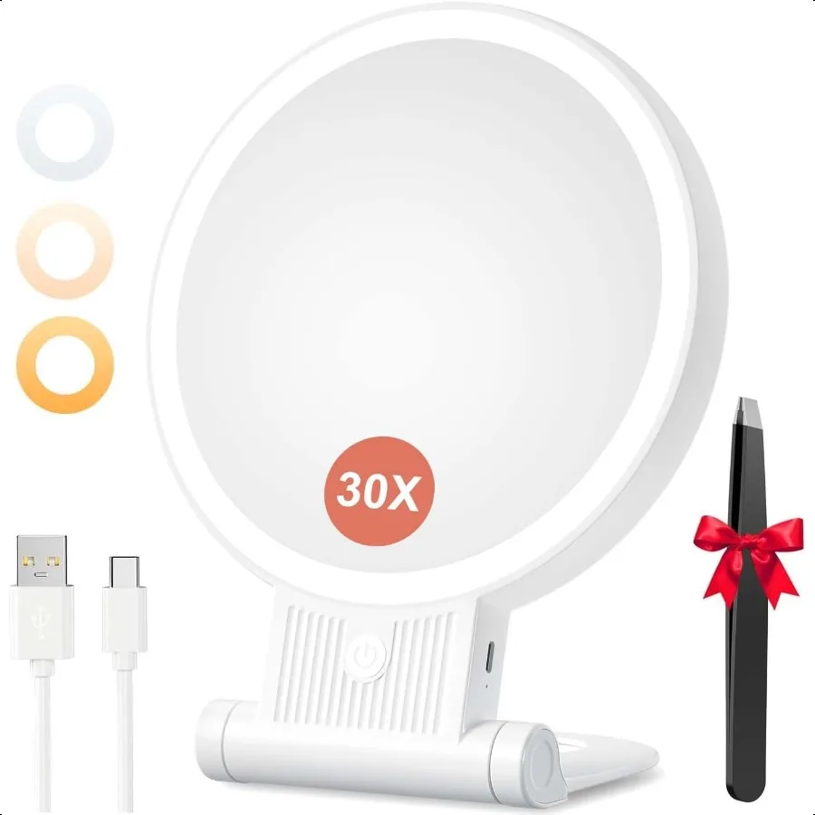 

1X 30X Magnifying Mirror with Light Double Sided Makeup Mirror with Adjustable Folding Handle Lighted Vanity Mirror with Tweeze