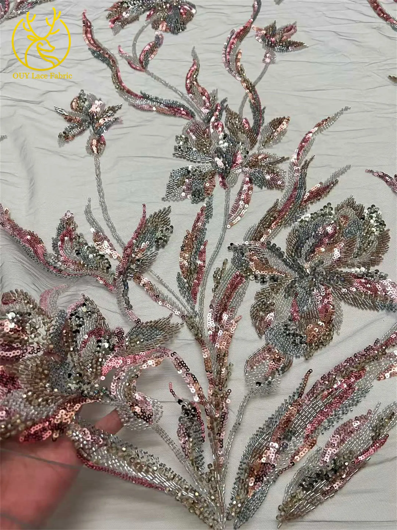 Luxuriöser afrikanischer Brautkleidstoff mit Perlenstickerei 2026 – Neuer französischer nigerianischer bestickter Blumen-Pailletten-Spitzenstoff für Hochzeits- und Partykleider – Detail 16