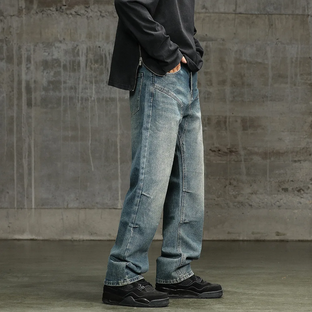 

American Style New Fashion Vintage Men's Casual Trendy Washed Blue Straight Loose Denim Cargo Trousers Male Jeans Pants Clothes