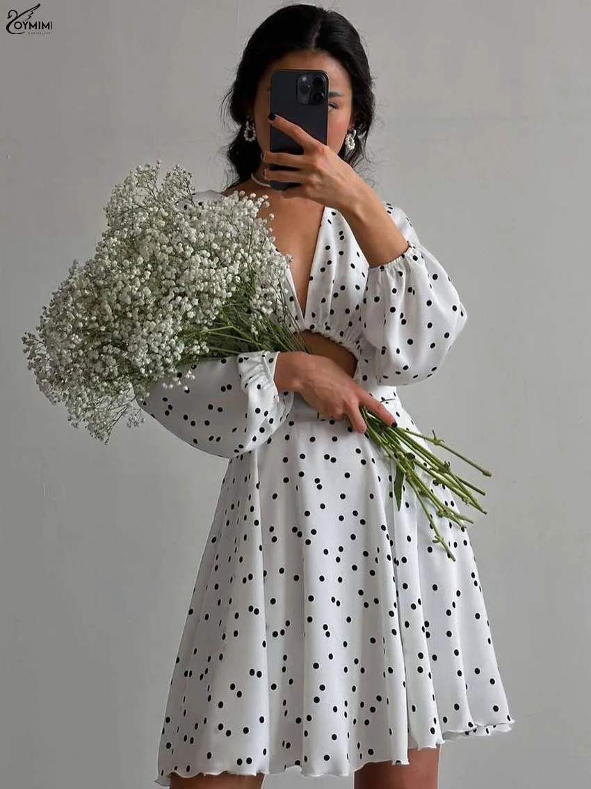 

Oymimi Elegant White Print Dresses 2025 Woman Fashion V-Neck Long Sleeve Hollow Out Dresses Autumn High Waist Pleated Mini Dress