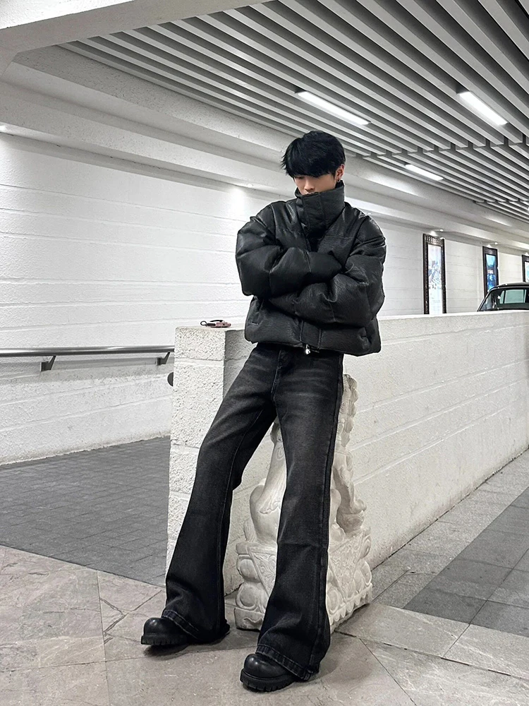 

Washed Black Slim Fit Straight Leg Jeans Men's High Street American Style Cleanfit Flared Long Trousers Trendy Casual Jeans