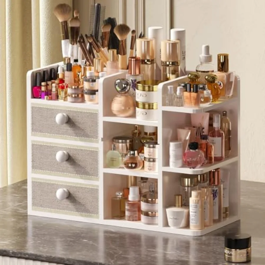 

Большой органайзер для косметики на столешницу с держателем для кистей и выдвижным ящиком для туалетного столика, бамбуковый органайзер для ванной комнаты и хранения косметики