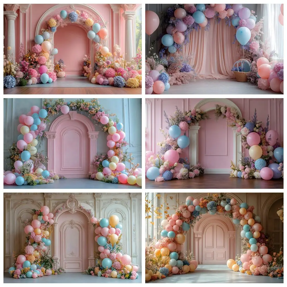 Newborn Portrait Photography Backdrop Interior Palace Wall Arch Balloons Flowers Baby 1st Birthday Party Photo Background Decor