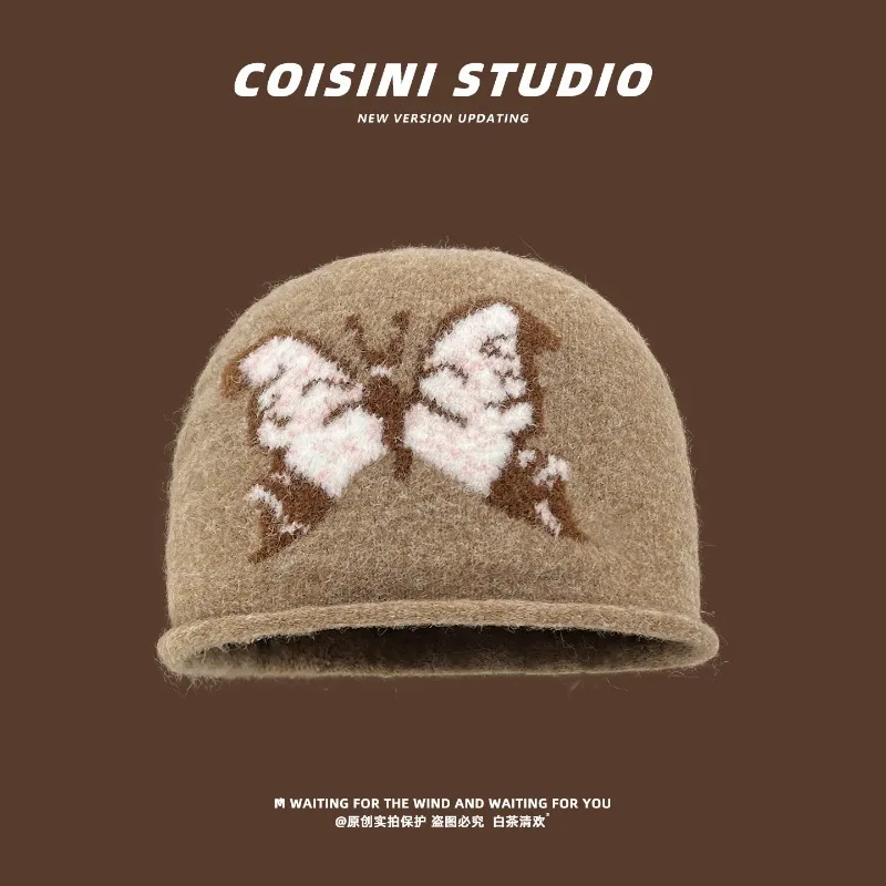 Japanische Schmetterlings-Jacquard-Strickmütze für Männer und Frauen, warme Ohrenschutz-Mütze mit gekräuseltem Rand für Herbst und Winter. – Detail 6